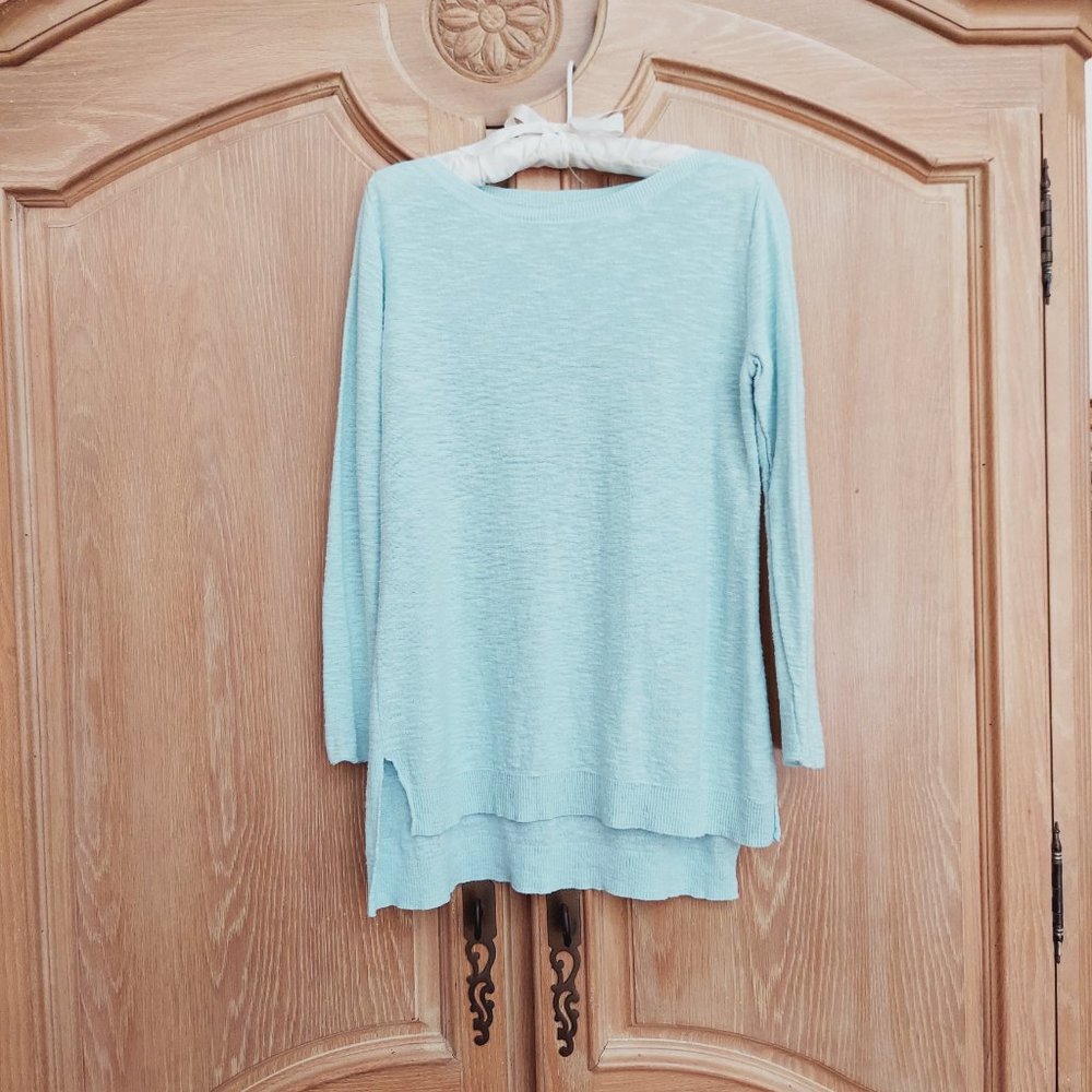 Eileen Fisher Aqua Blue Boatneck Linen/Cotton Top.
